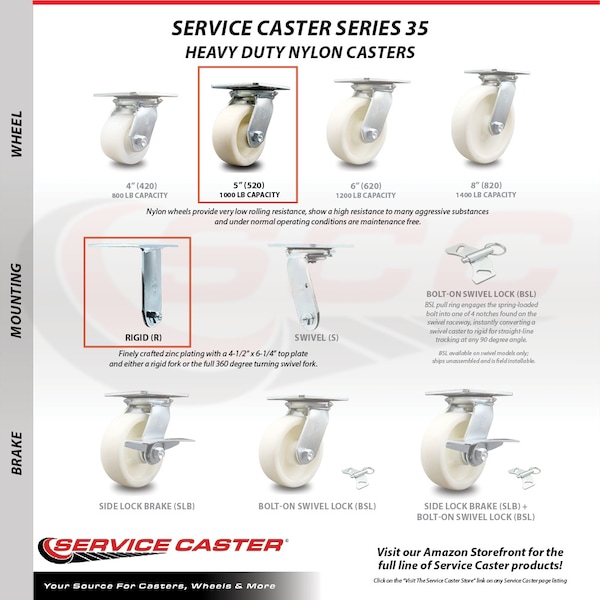 5 Inch Nylon Caster Set With Roller Bearings 2 Swivel 2 Rigid